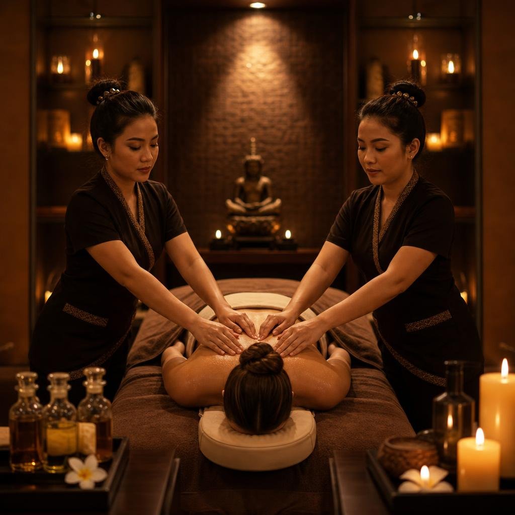 Two therapists performing four hands massage at Phoenix International Spa