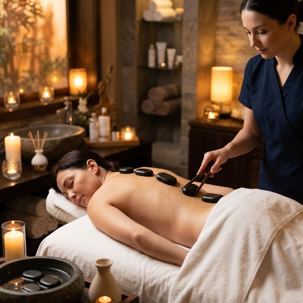 Hot stone massage with volcanic basalt stones at Phoenix International Spa